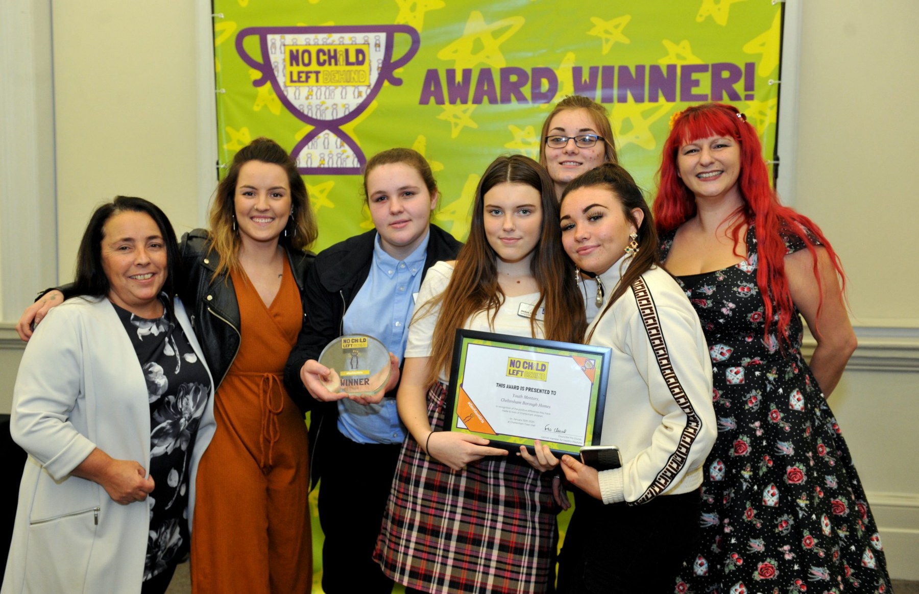 No Child Left Behind awards ceremony at Cheltenham Town Hall. Confident Girls Award presented by Councillor Flo Clucas and Tim Atkins (CBC) to youth Mentors, Cheltenham Borough Homes